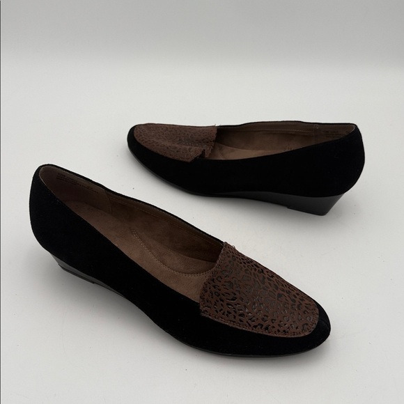 AEROSOLES Shoes - AEROSOLES Black Brown Women's wedge shoes slip on suede office casual retro 12M